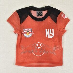 New York Red Bulls Girls Shirt Size M 10-12 Red Mesh Cropped Rhinestone MLS